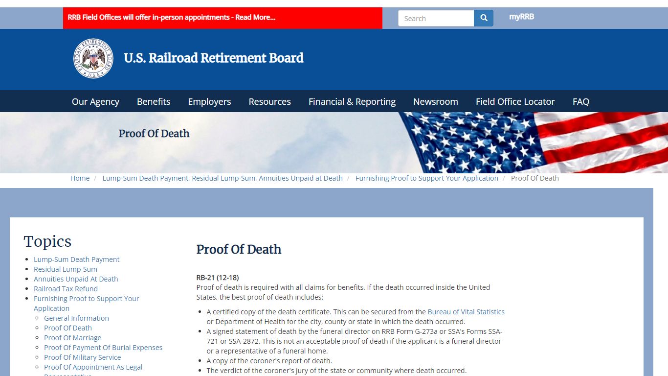 Proof Of Death | RRB.Gov - Railroad Retirement Board