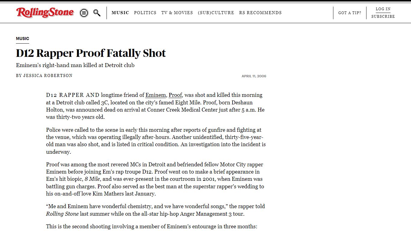 D12 Rapper Proof Fatally Shot - Rolling Stone